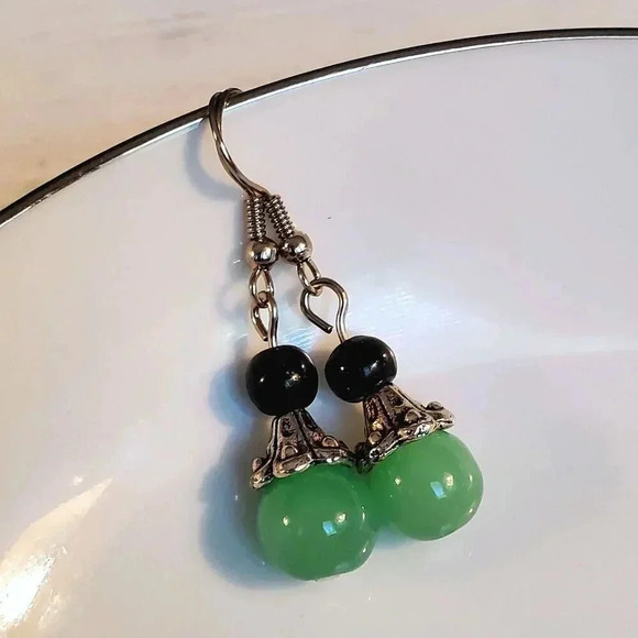 Eclectic Black Light Green Glass Bead Antiqued Silver Fancy Bead Cap Earrings - Picture 2 of 6